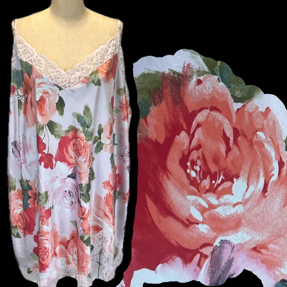 Joyspun silky nightgown cabbage rose Victorian floral lace trim mini 3x coquette